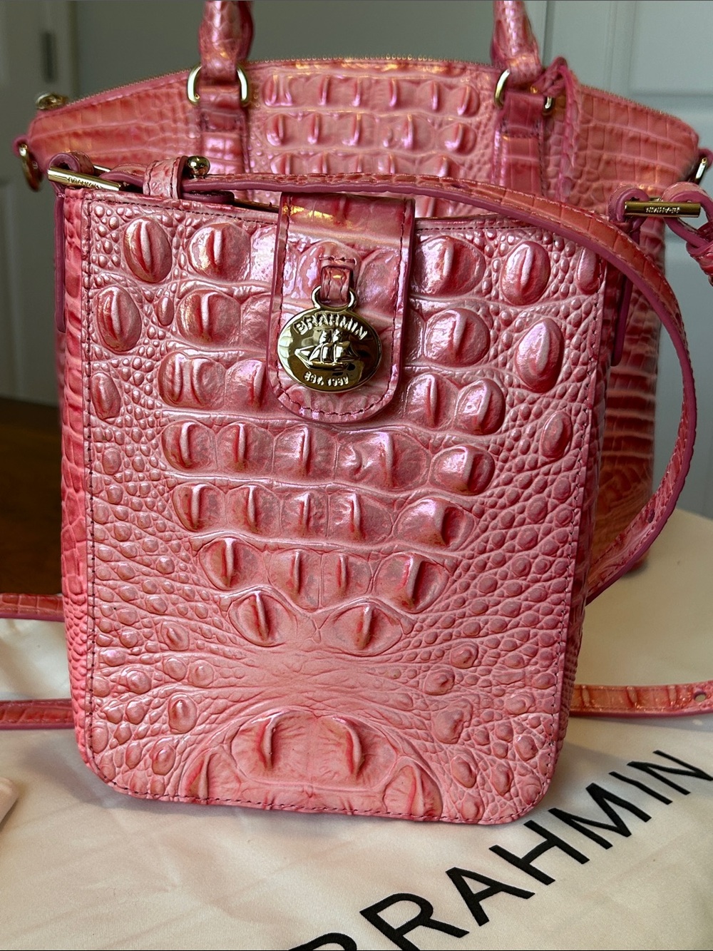 Brahmin Pink Punch Leather Croc-Embossed Marley Crossbody
